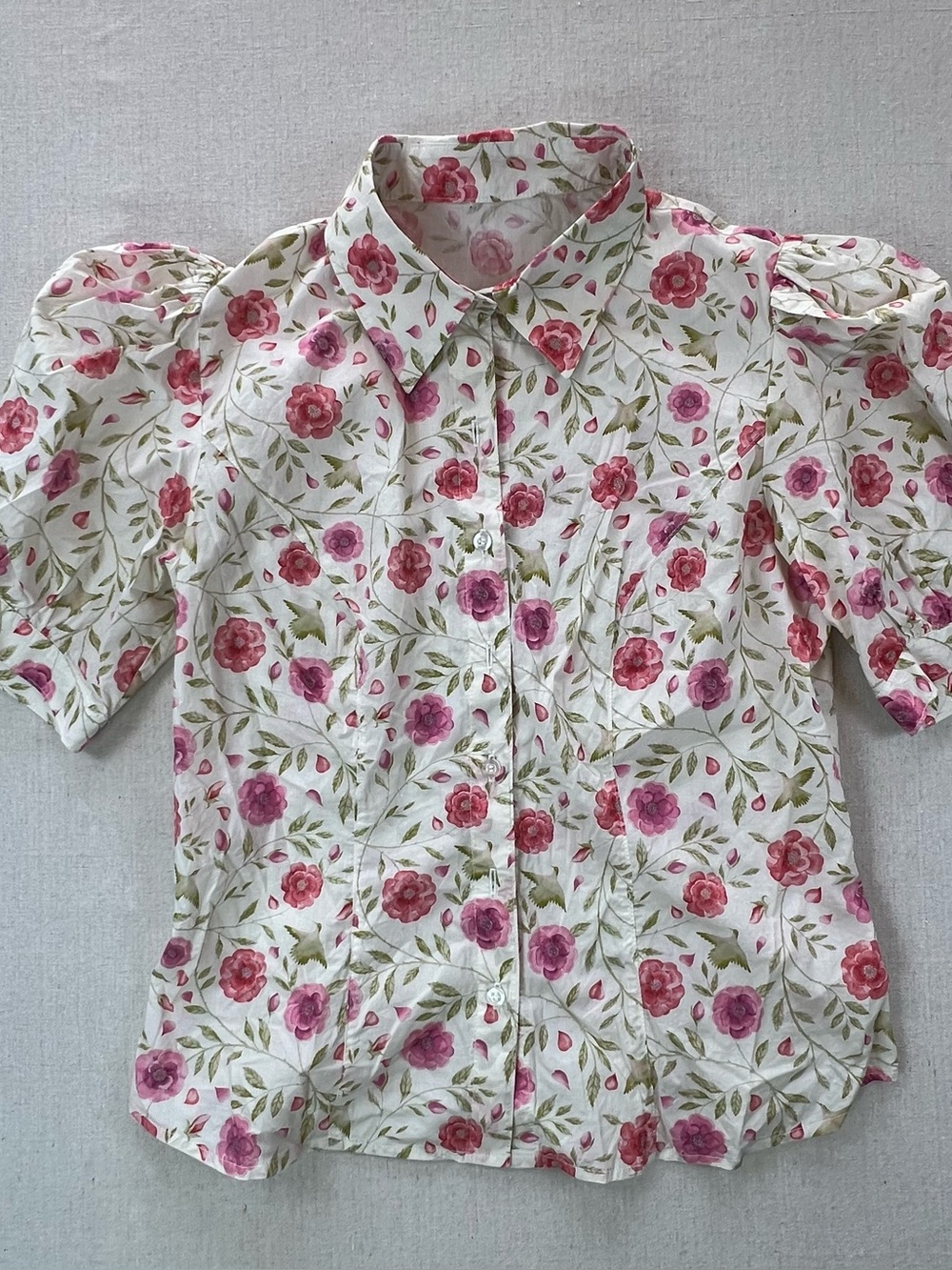 Vintage Handmade Pink & Green Floral Puff Sleeve Button-Up Blouse - Size S
